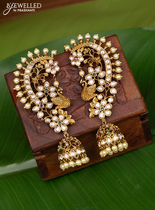 Antique earcuff jhumka peacock design with cz,kemp stones and pearl hangings
