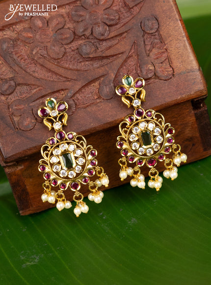 Antique earing flower design with kemp & cz stones and pearl hangings