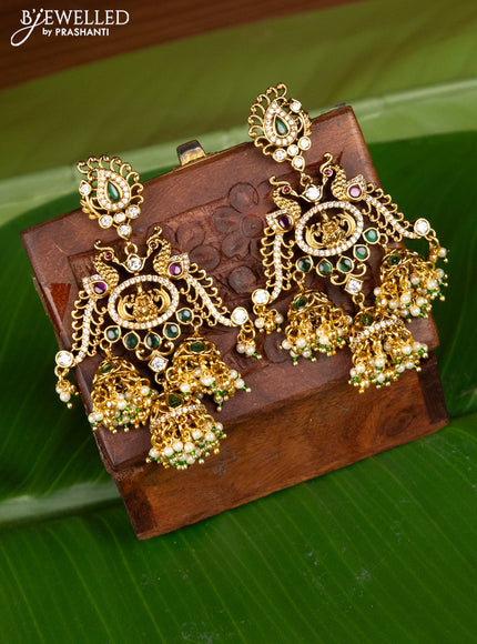 Antique earing lakshmi design with kemp & cz stones and pearl jhumka hangings