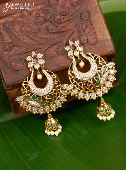 Antique earing chandbali design with kemp & cz stones and pearl jhumka hangings