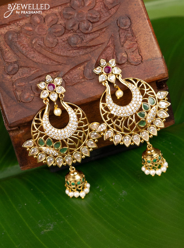 Antique earing chandbali design with kemp & cz stones and pearl jhumka hangings