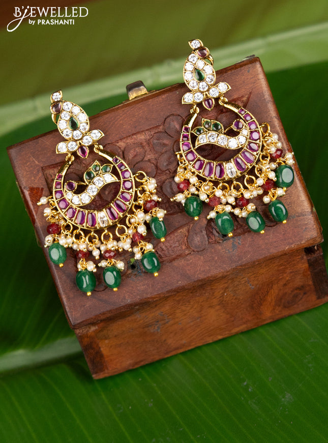 Antique earing peacock design with kemp & cz stones and pearl hangings