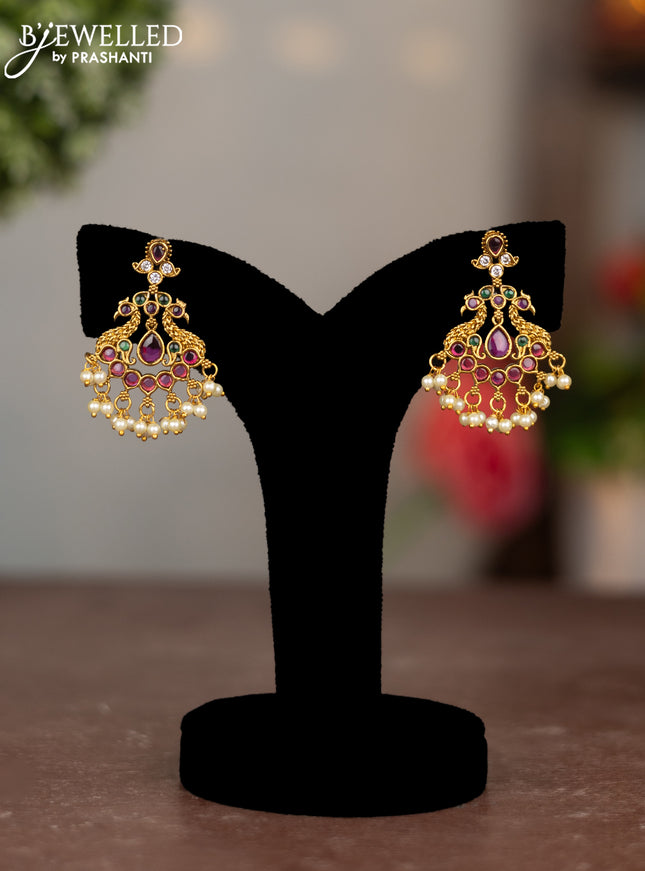 Antique earing double peacock design with kemp & cz stones and pearl hangings