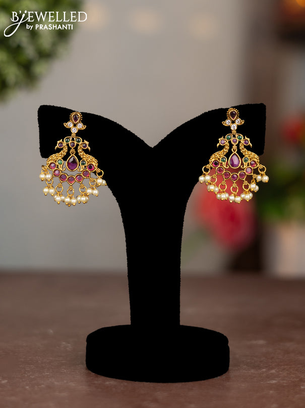 Antique earing double peacock design with kemp & cz stones and pearl hangings