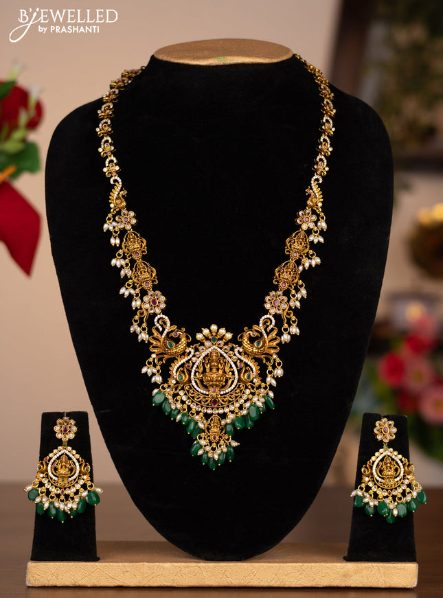 Antique haram lakshmi design with cz stones and pearl beads hanging