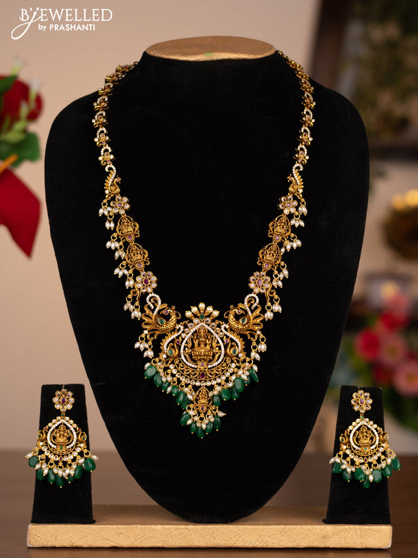 Antique haram lakshmi design with cz stones and pearl beads hanging