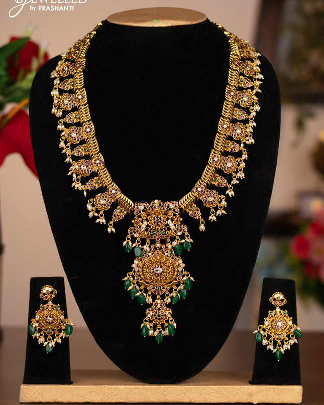 Antique haram flower design with kemp stones and pearl beads hanging