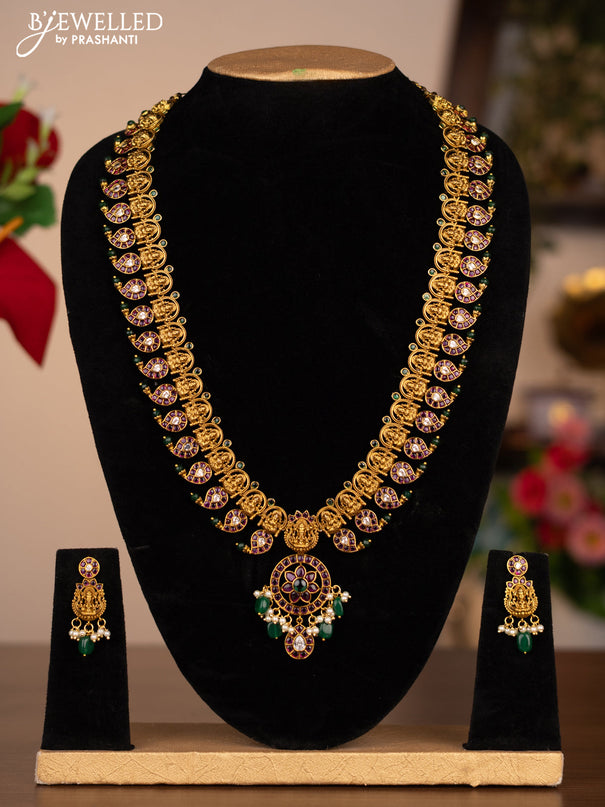 Antique haram maanga lakshmi design with kemp stones and pearl beads hanging