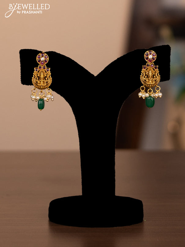 Antique haram maanga lakshmi design with kemp stones and pearl beads hanging