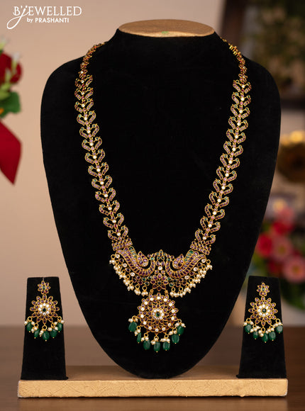 Antique haram double peacock design with kemp stones and pearl beads hanging