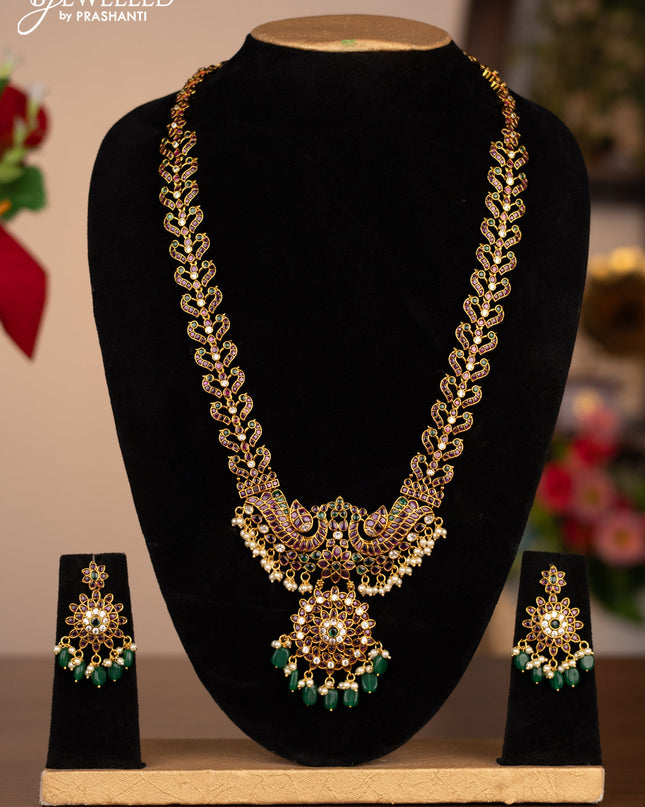 Antique haram double peacock design with kemp stones and pearl beads hanging