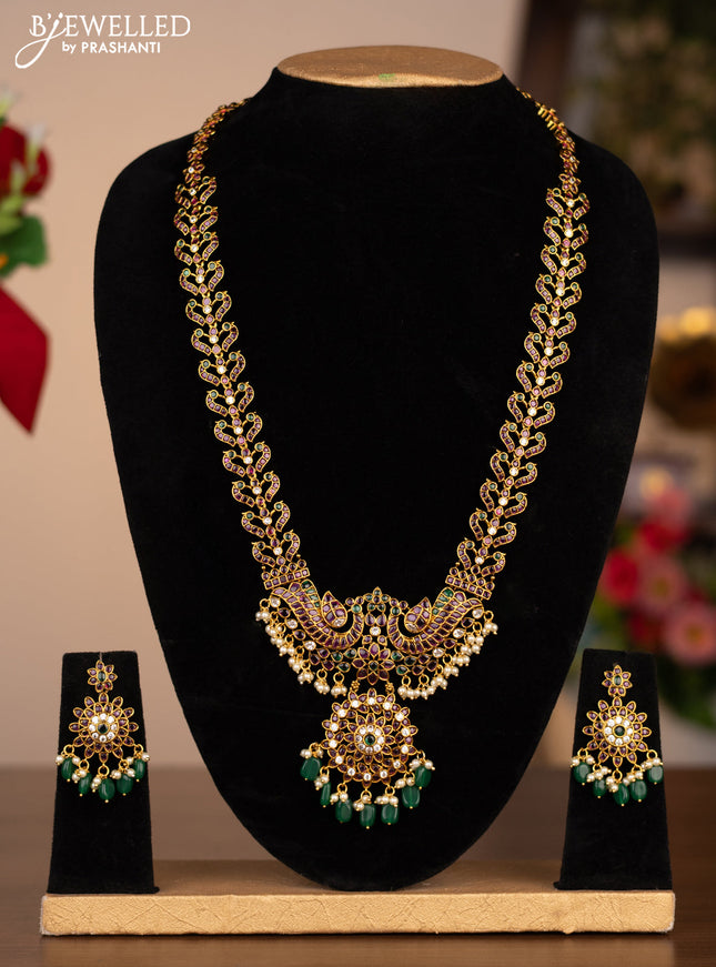 Antique haram double peacock design with kemp stones and pearl beads hanging