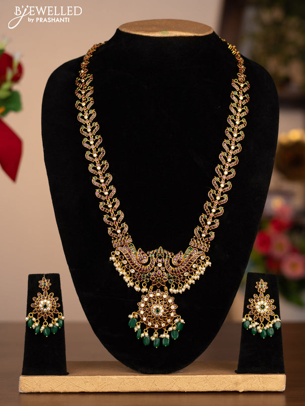 Antique haram double peacock design with kemp stones and pearl beads hanging