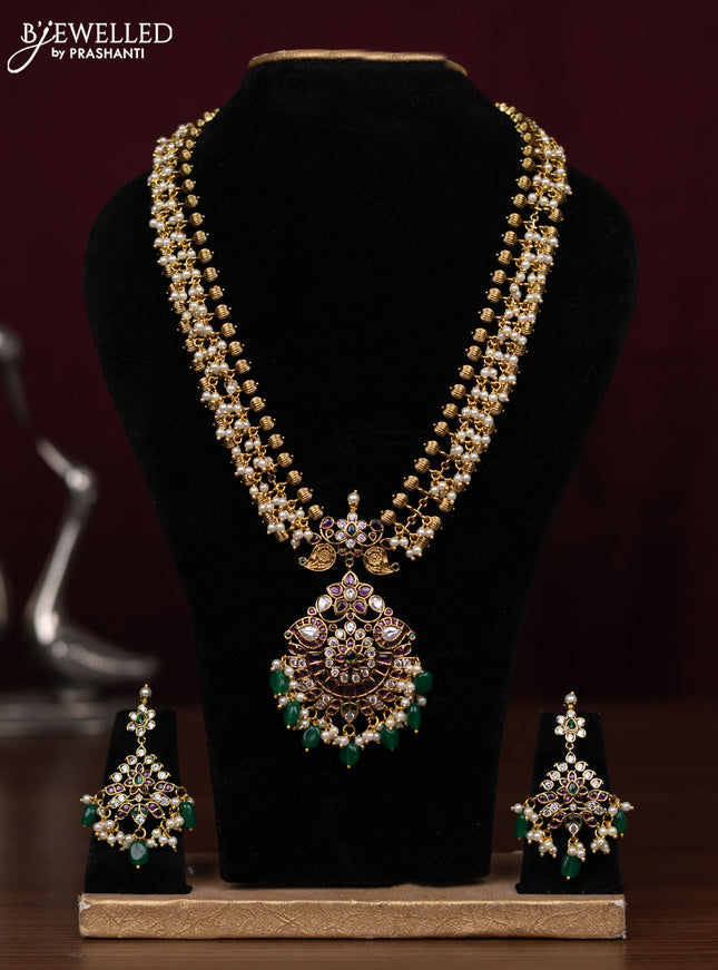 Antique Guttapusalu Haram flower design with kemp stones and pearl beads hanging