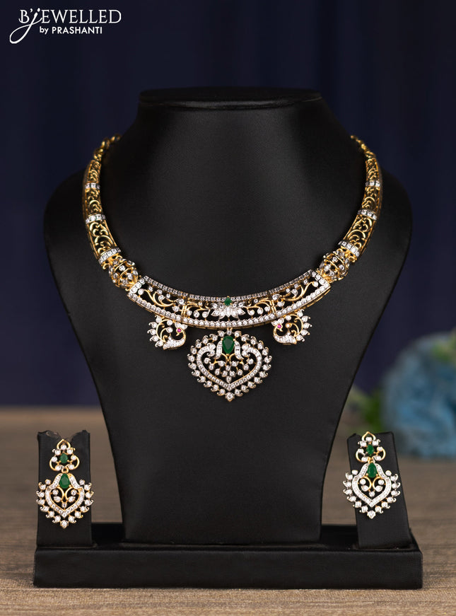 Zircon necklace with emerald and cz stones in gold finish