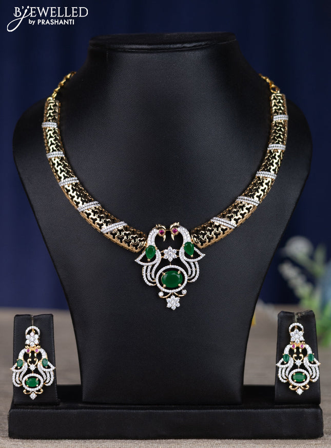 zircon necklace peacock design with emerald and cz stones in gold finish
