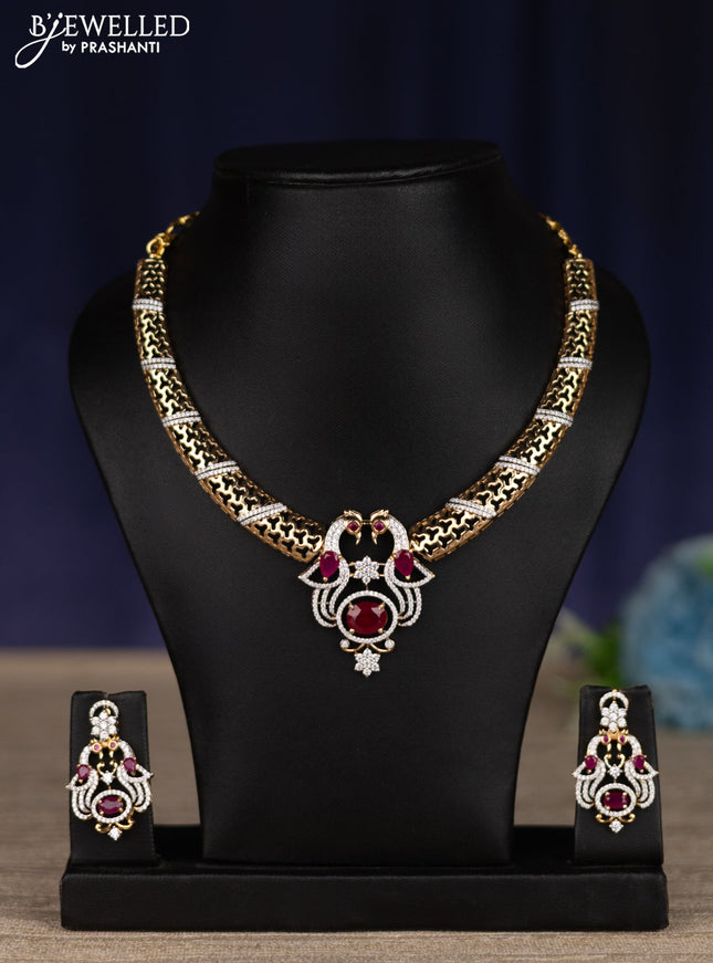 zircon necklace peacock design with ruby and cz stones in gold finish