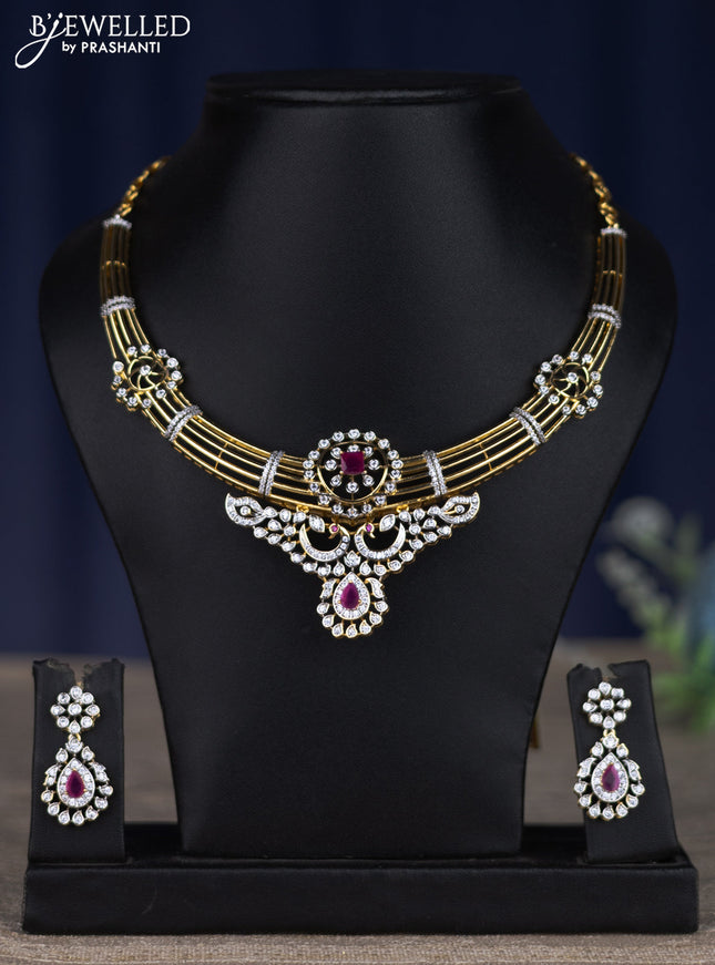 zircon necklace with ruby and cz stones in gold finish