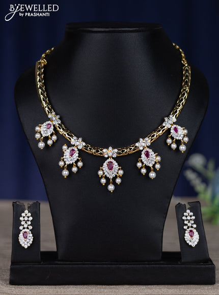 zircon necklace with ruby & cz stones and pearl hangings in gold finish