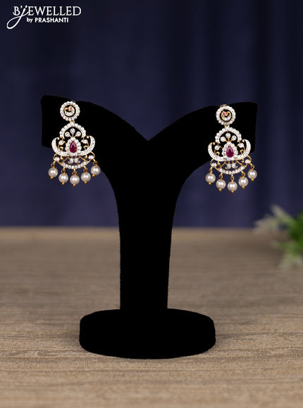 zircon necklace with ruby & cz stones and pearl hangings in gold finish