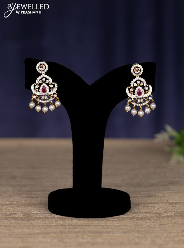 zircon necklace with ruby & cz stones and pearl hangings in gold finish