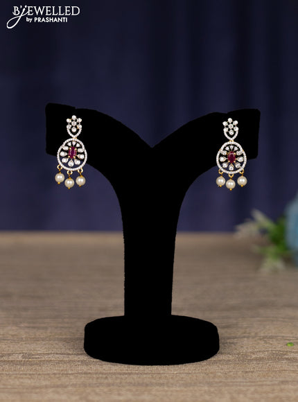 zircon necklace with ruby & cz stones and pearl hangings in gold finish