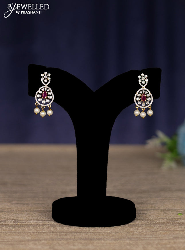 zircon necklace with ruby & cz stones and pearl hangings in gold finish