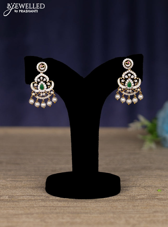zircon necklace with emerald & cz stones and pearl hangings in gold finish