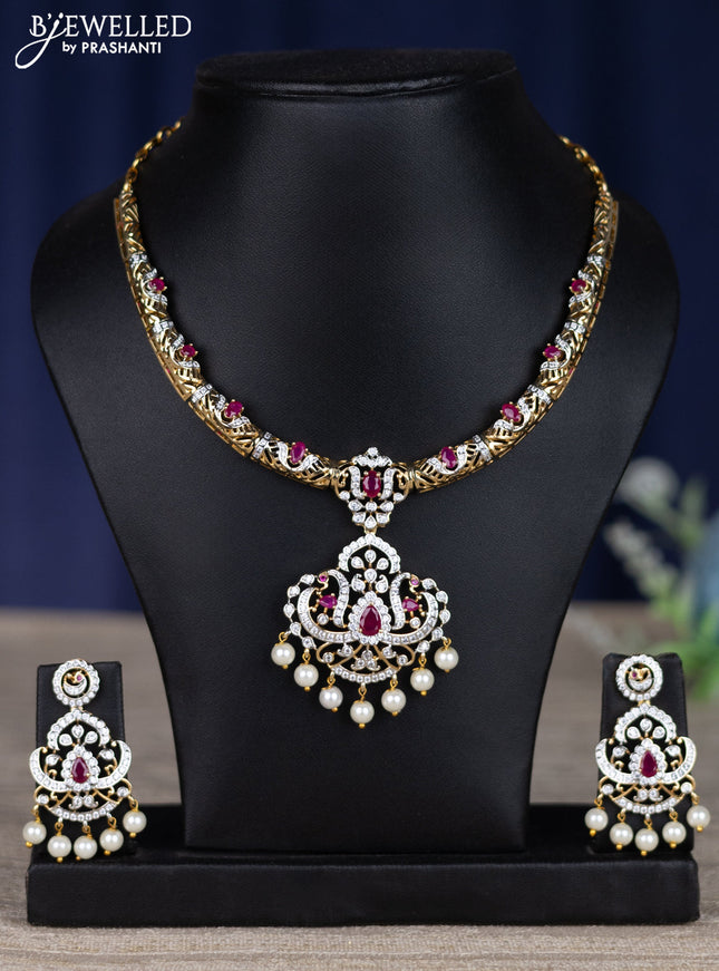 zircon necklace with ruby & cz stones and pearl hangings in gold finish