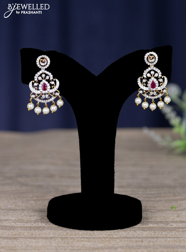 zircon necklace with ruby & cz stones and pearl hangings in gold finish