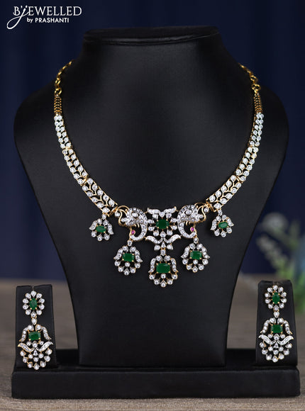 zircon necklace peacock design with emerald and cz stones in gold finish