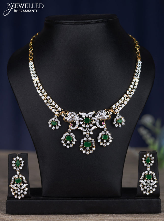 zircon necklace peacock design with emerald and cz stones in gold finish