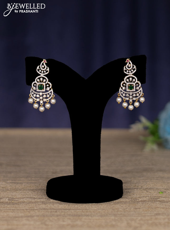 zircon necklace with emerald & cz stones and pearl hangings in gold finish