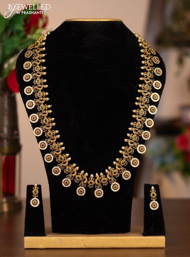 Antique necklace peacock design with kemp & cz stones and pearls