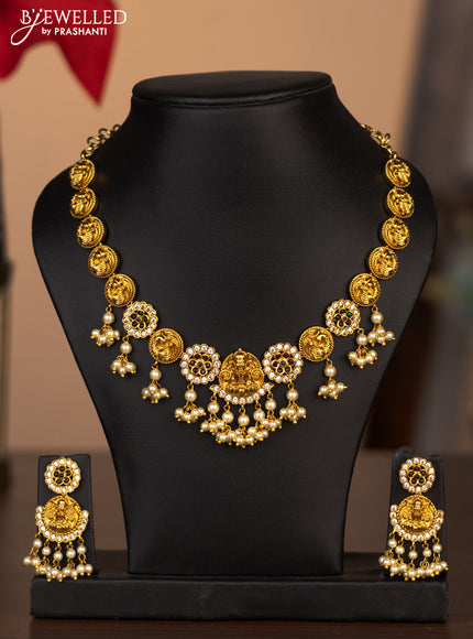 Antique necklace lakshmi & peacock design with kemp & cz stones and pearl hangings