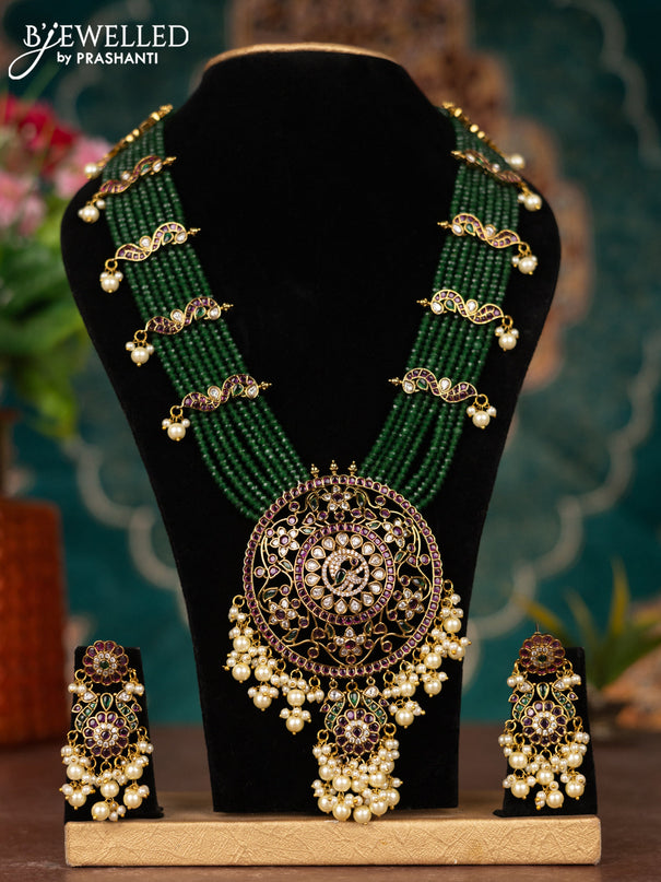 Antique green beaded haaram peacock design with kemp & cz stones and pearl hanging