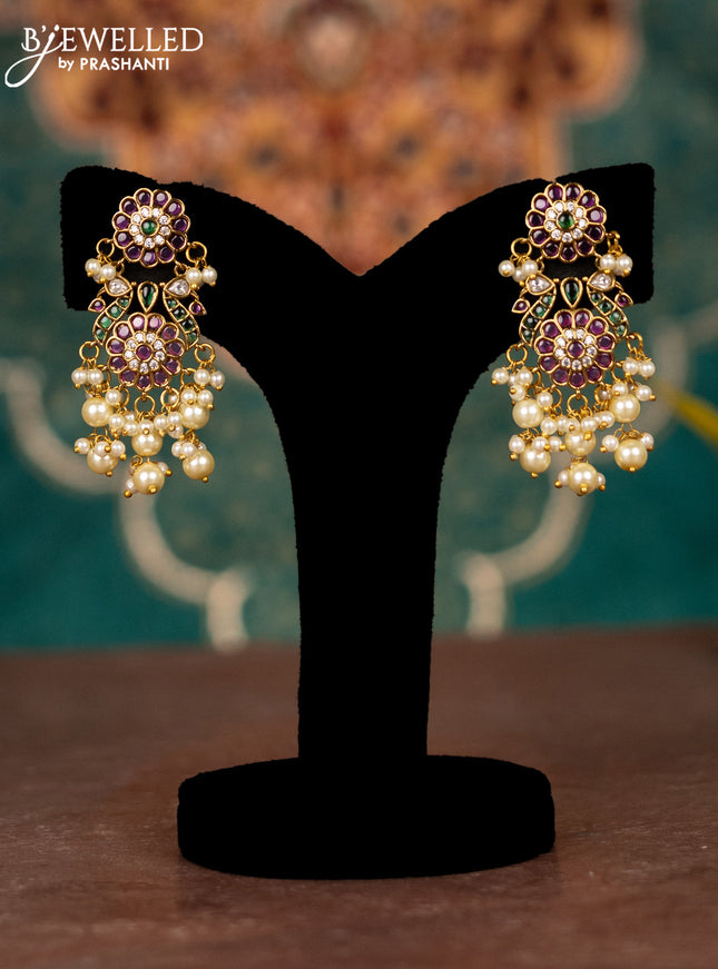 Antique green beaded haaram peacock design with kemp & cz stones and pearl hanging