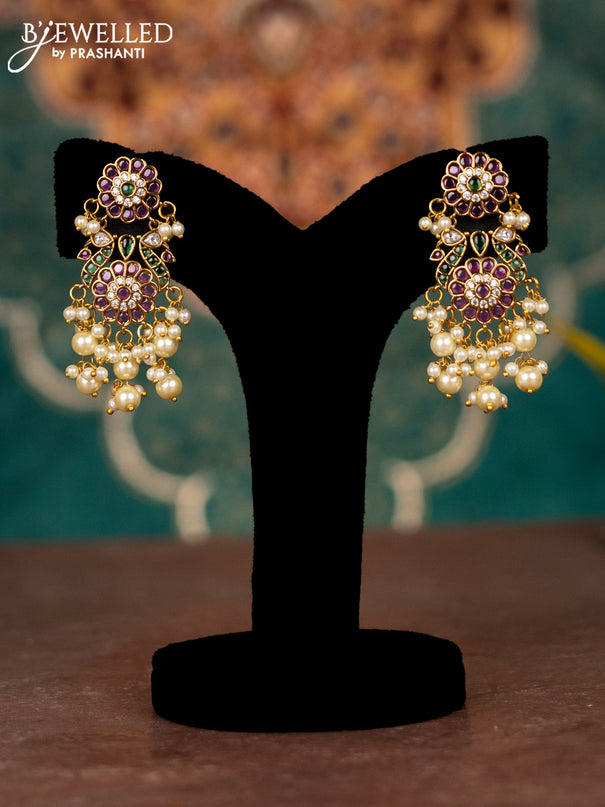 Antique green beaded haaram peacock design with kemp & cz stones and pearl hanging
