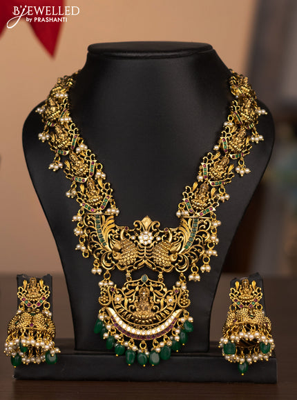 Antique necklace peacock & lakshmi design with kemp & cz stones and pearl & green beads hanging