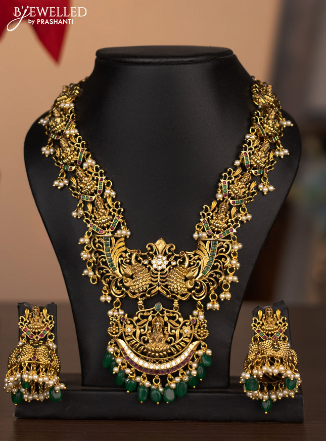 Antique necklace peacock & lakshmi design with kemp & cz stones and pearl & green beads hanging