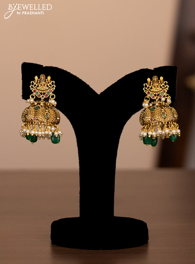 Antique necklace peacock & lakshmi design with kemp & cz stones and pearl & green beads hanging