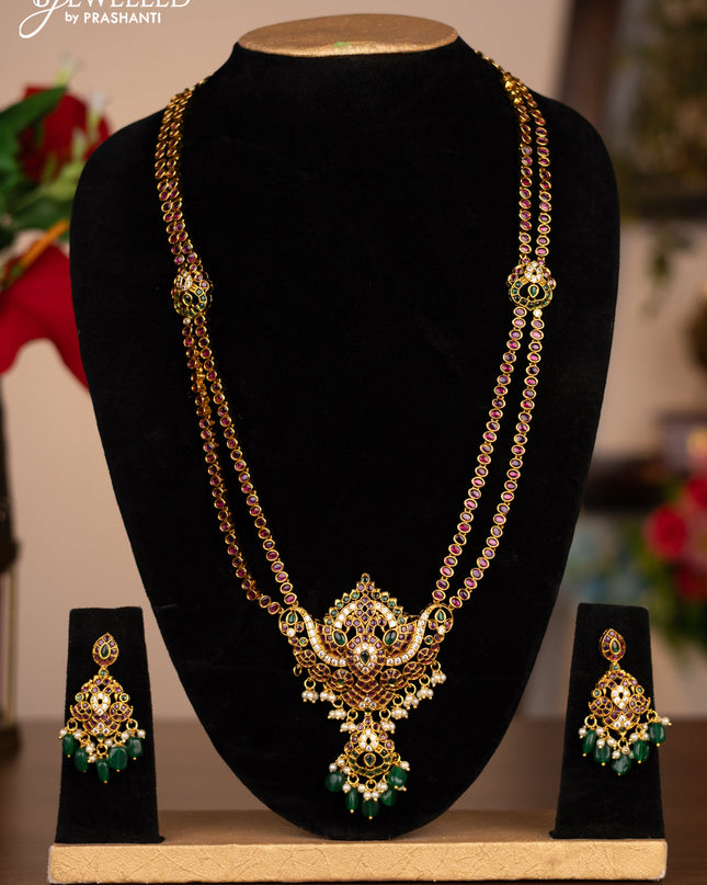 Antique double layer haaram with kemp & cz stones and pearl & green beads hanging