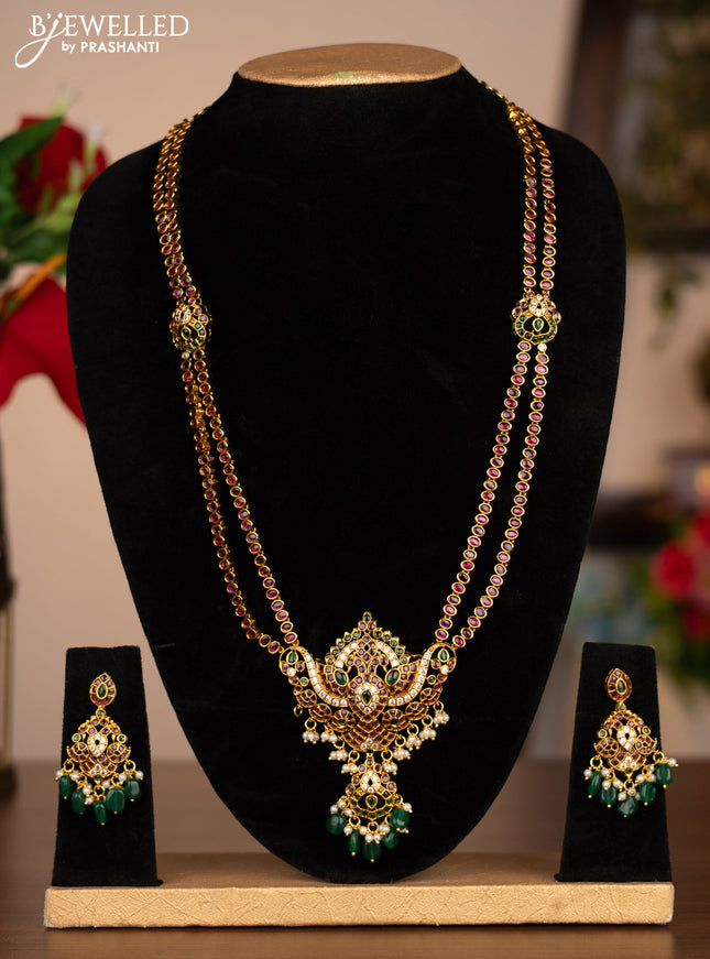 Antique double layer haaram with kemp & cz stones and pearl & green beads hanging