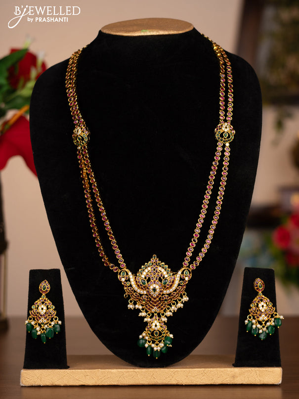 Antique double layer haaram with kemp & cz stones and pearl & green beads hanging