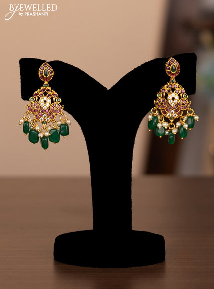 Antique double layer haaram with kemp & cz stones and pearl & green beads hanging