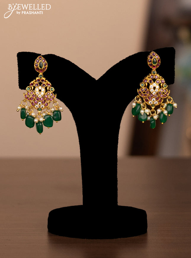 Antique double layer haaram with kemp & cz stones and pearl & green beads hanging