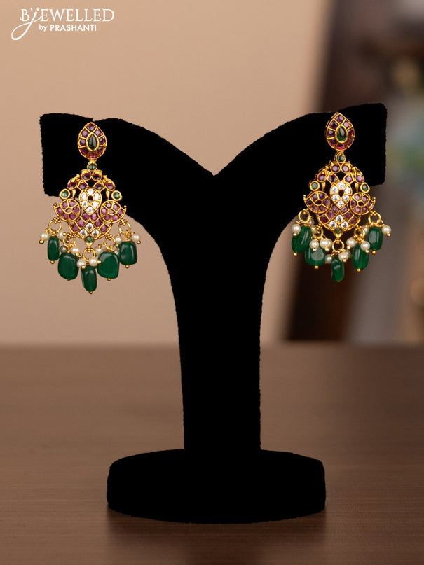 Antique double layer haaram with kemp & cz stones and pearl & green beads hanging