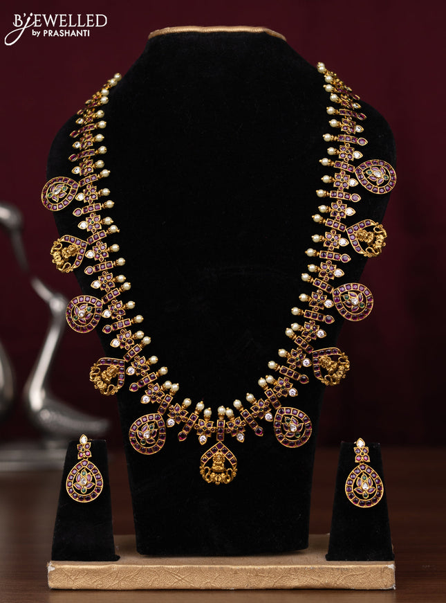 Antique haaram lakshmi design with kemp & cz stones and pearls