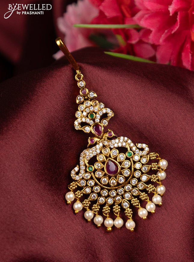Antique maang tikka peacock design with kemp & cz stones and pearl hangings