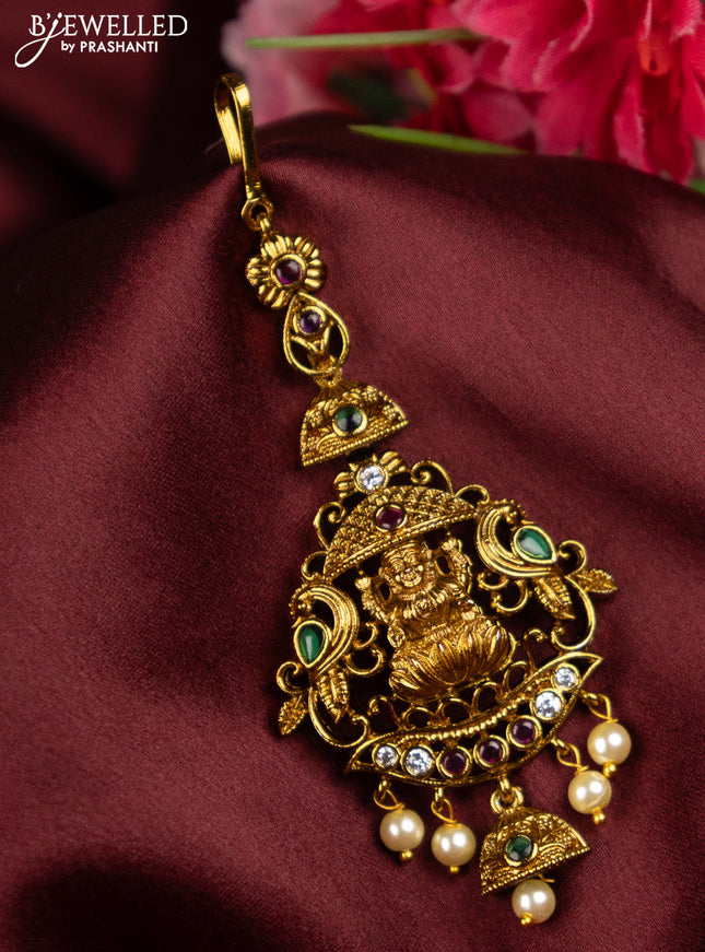 Antique maang tikka lakshmi design with kemp & cz stones and pearl hangings